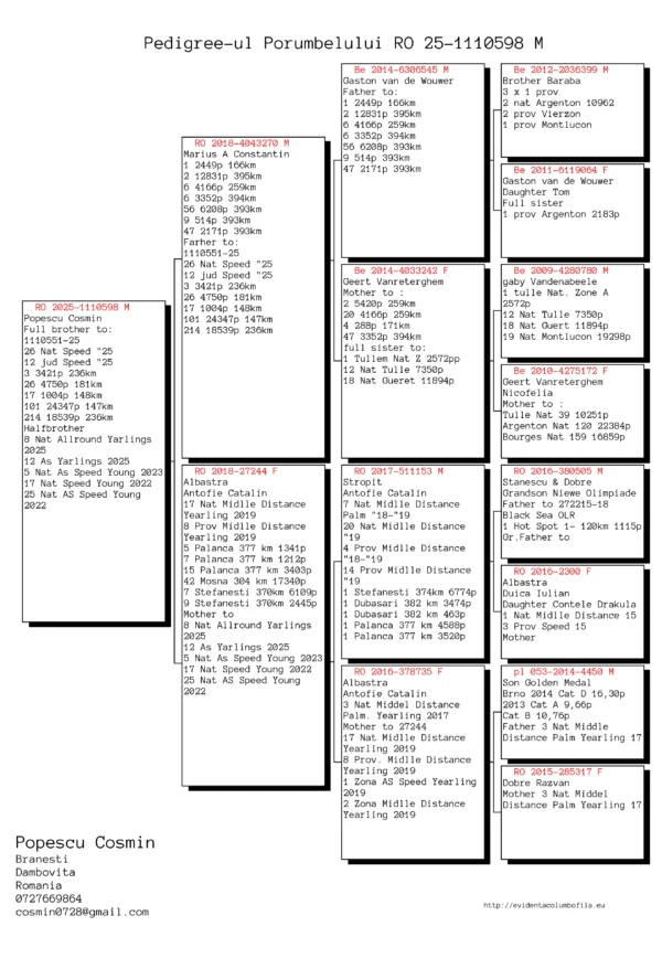 RO 2025-1110598 M Popescu Cosmin Full brother to: 1110551-25 26 Nat Speed "25 12 jud Speed "25 3 3421p 236km 26 4750p 181km 17 1004p 148km 101 24347p 147km 214 18539p 236km Halfbrother 8 Nat Allround Yarlings 2025 12 As Yarlings 2025 5 Nat As Speed Young 2023 17 Nat Speed Young 2022 25 Nat AS Speed Young 2022