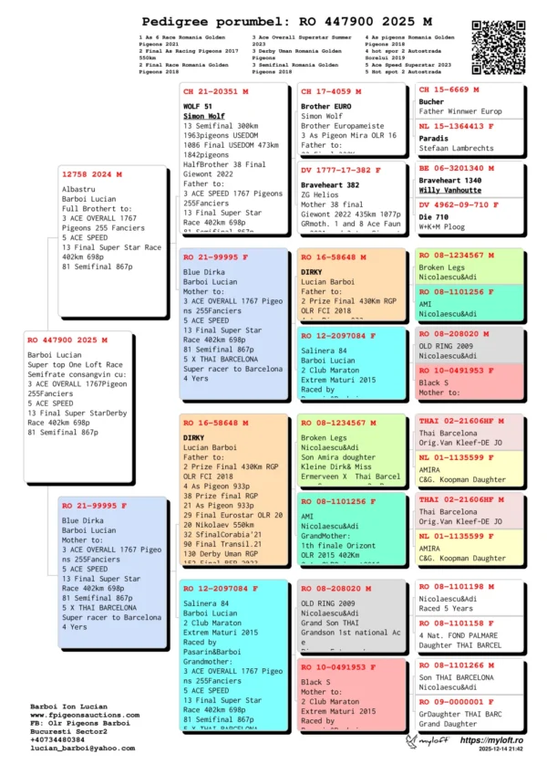 RO 447900 2025 Mascul? Barboi Lucian Super top One Loft Race Semifrate consangvin cu: 3 ACE OVERALL 1767Pigeon 255Fanciers 5 ACE SPEED  13 Final Super StarDerby Race 402km 698p 81 Semifinal 867p