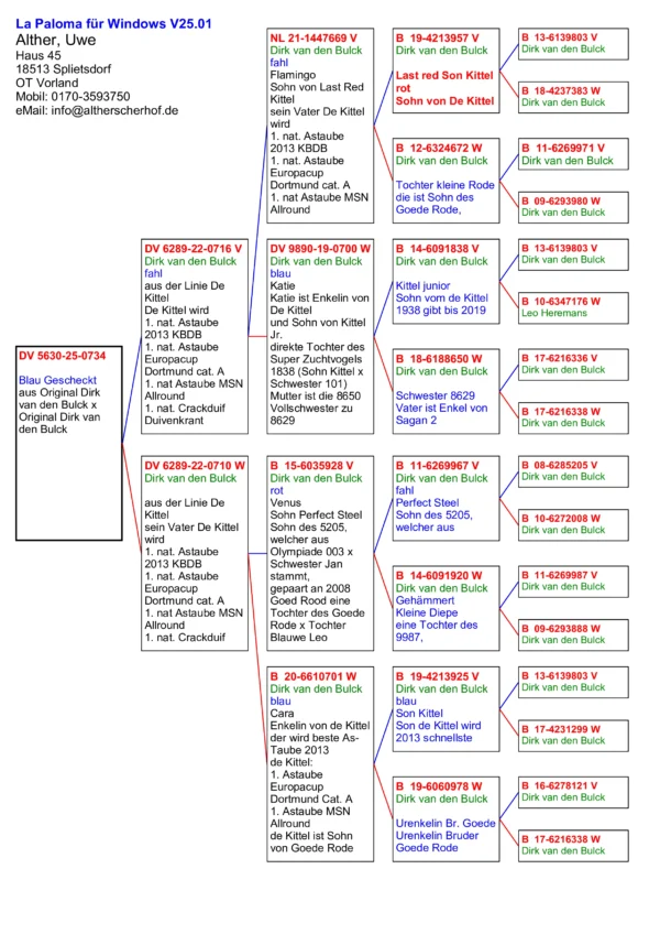 DV 5630-25-0734  Alther Uwe 100% Dirk van den Bulck De Kittel wird 1. nat. Astaube  2013 KBDB 1. nat. Astaube  Europacup  Dortmund cat. A 1. nat Astaube MSN  Allround 1. nat. Crackduif  Duivenkrant