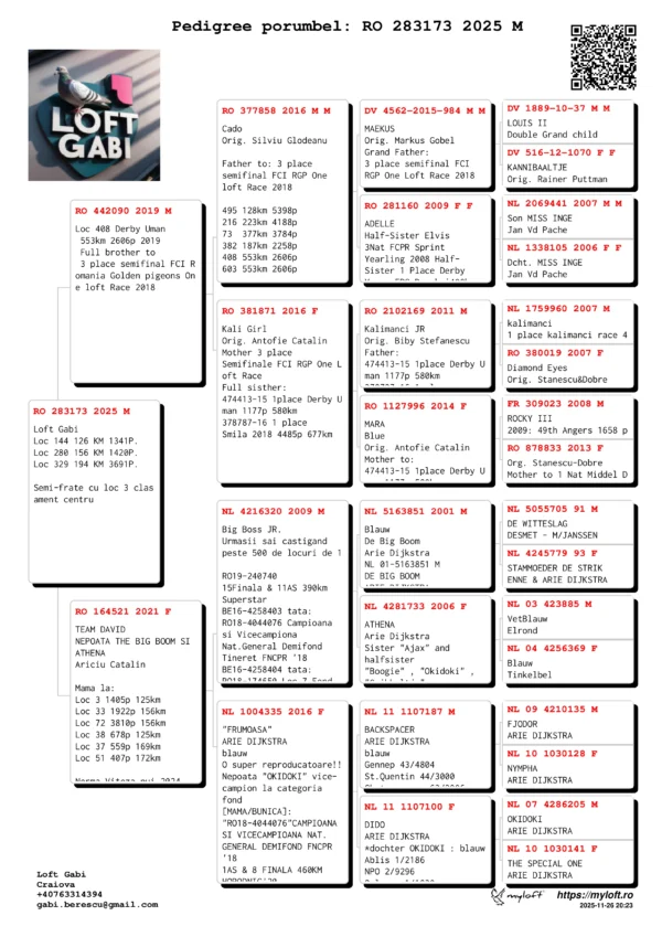 RO 283173 2025 Mascul Berescu Gabriel Zburat ruta Grecia Loc 144 126 KM 1341P.  Loc 280 156 KM 1420P. Loc 329 194 KM 3691P.  Semi-frate cu loc 3 clasament centru