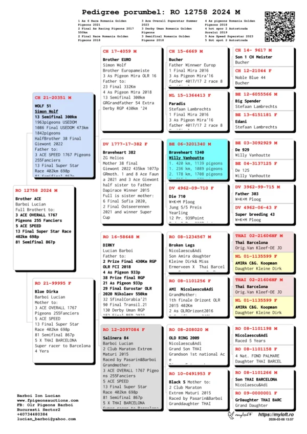 RO 12758 2024 Brother ACE Barboi Lucian Full Brothert to: 3 ACE OVERALL 1767  Pigeons 255 Fanciers 5 ACE SPEED  13 Final Super Star Race 402km 698p 81 Semifinal 867p